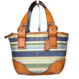 Vintage Coach Hamptons Stripe Small Mini Soho Tote Multicolor Canvas Leather Bag